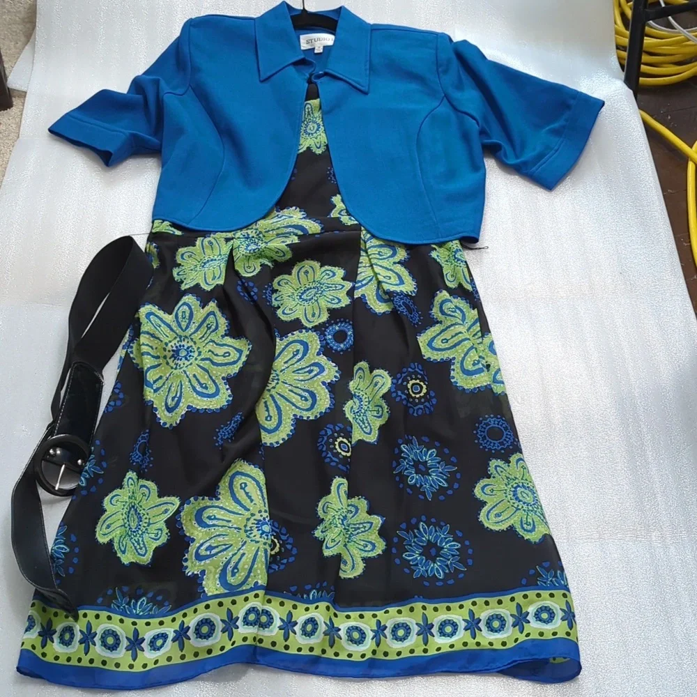 NWOT Studio I Women's 2 Piece Black Floral Chiffon Dress With Blue Jacket Size14 - Picture 2 of 9